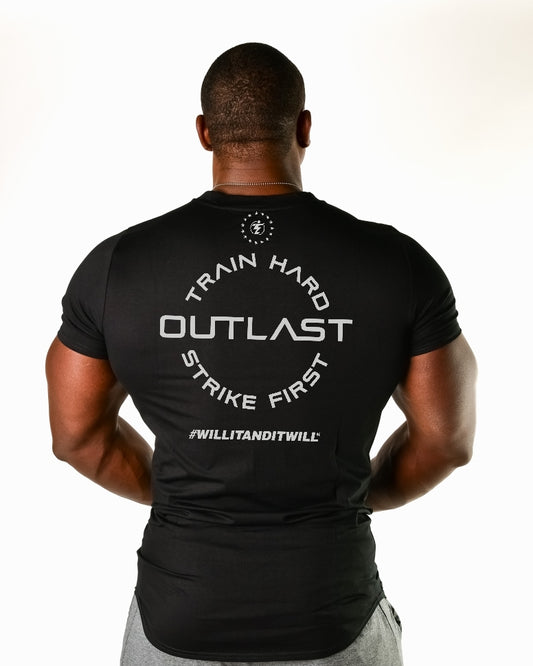 Black athletic shirt with 'Train Hard, Outlast, Strike First' design on back, promoting fitness and endurance.