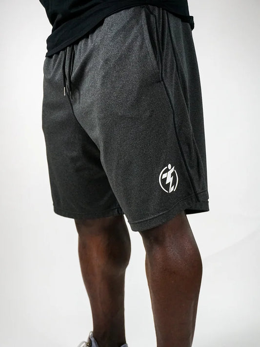 Gray athletic shorts with drawstring and logo. Men's workout apparel.