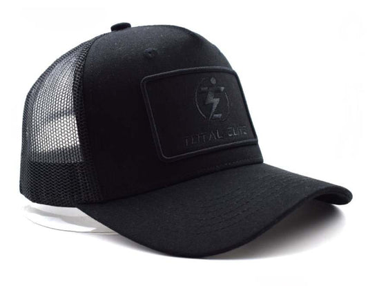 Black 'Total Elite' trucker hat with mesh back and embroidered logo.