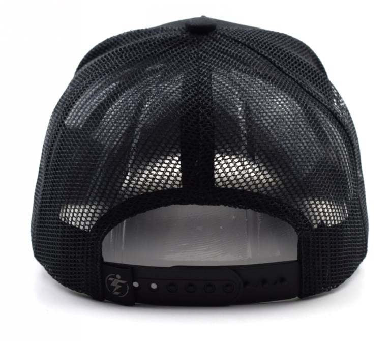 Back view of black trucker cap with mesh and adjustable strap.