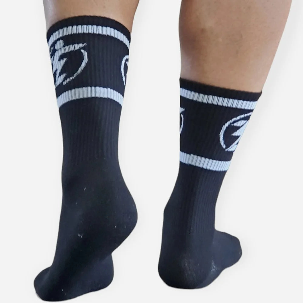 Black crew socks with white stripes and logo.
