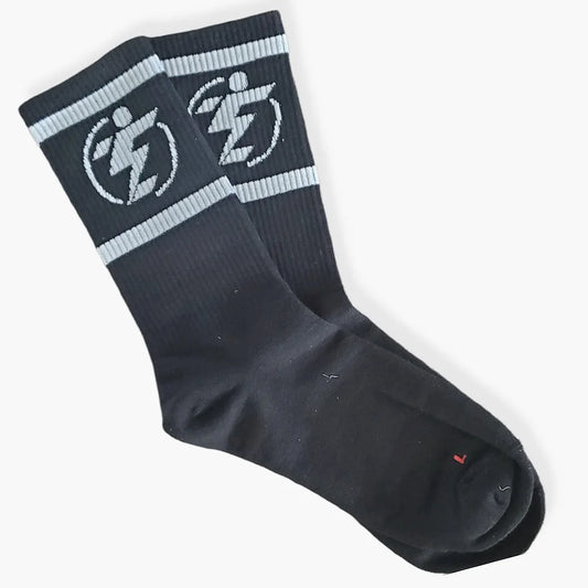 Black socks with gray stripes and logo