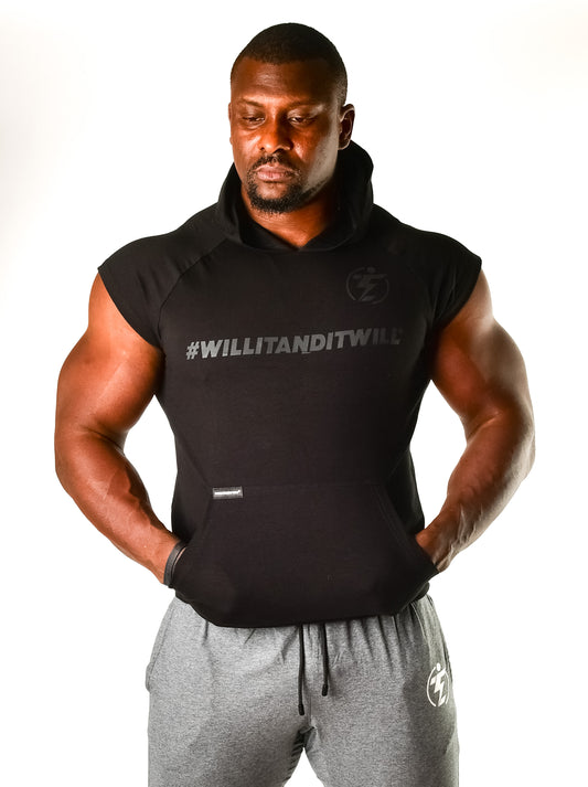 Man in black sleeveless hoodie with #WILLITANDITWILL and gray sweatpants, athletic apparel.