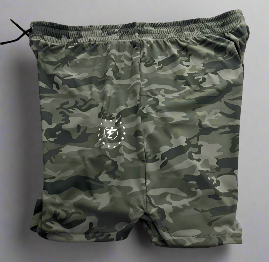 Camo athletic shorts with drawstring and logo.