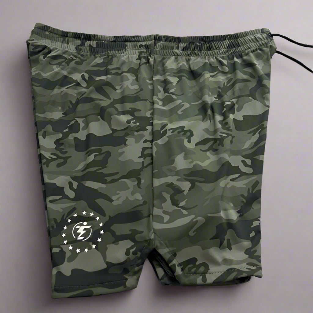 Camo athletic shorts with drawstring waist and logo.