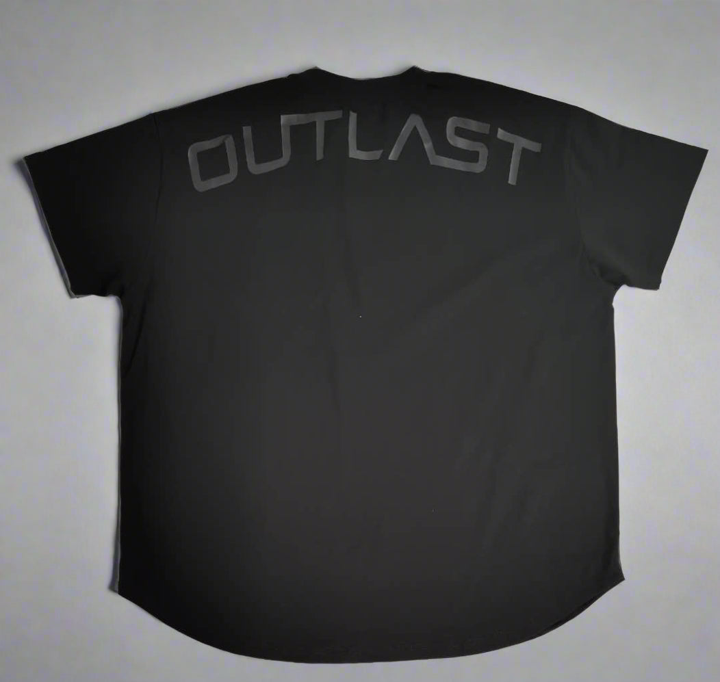 Back view of a black 'Outlast' t-shirt with the word 'OUTLAST' printed across the upper back.