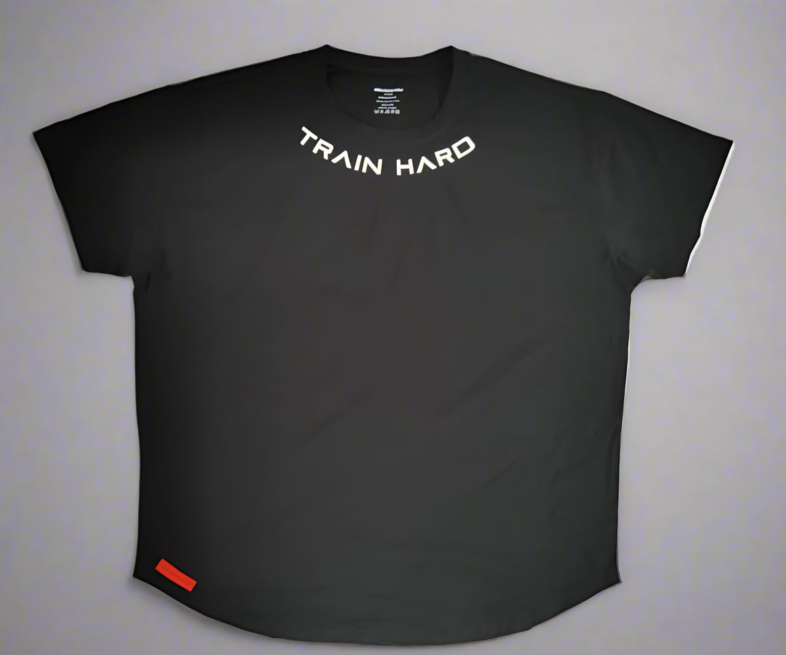 Black 'Train Hard' T-shirt with curved hem and short sleeves.