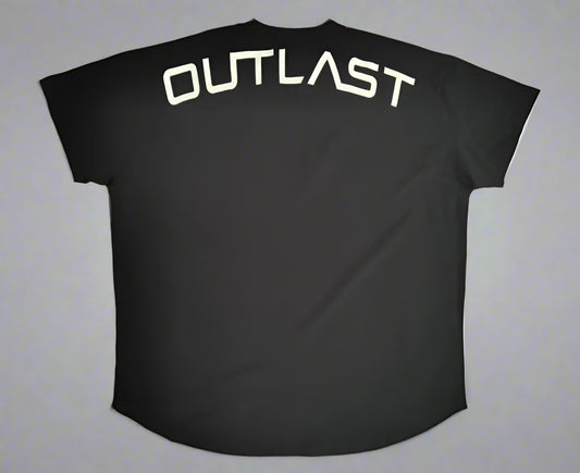 Black t-shirt with 'OUTLAST' printed in white on the back.