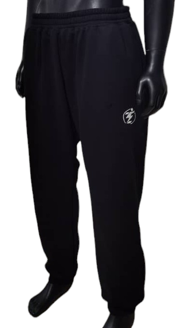 Black sweatpants with drawstring waist and logo.