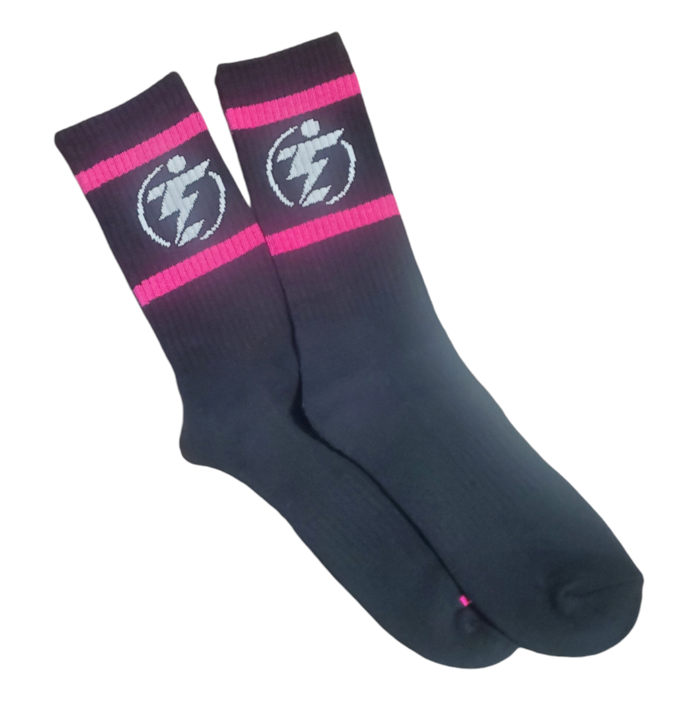 Black socks with pink stripes and white lightning bolt logo