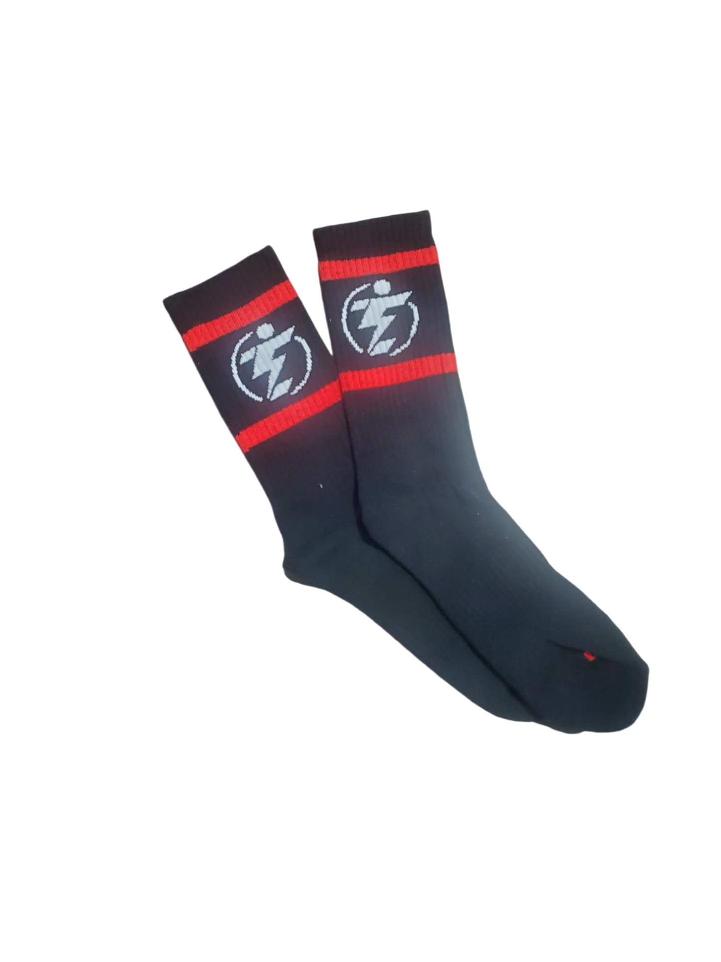 Black crew socks with red stripe and white logo.