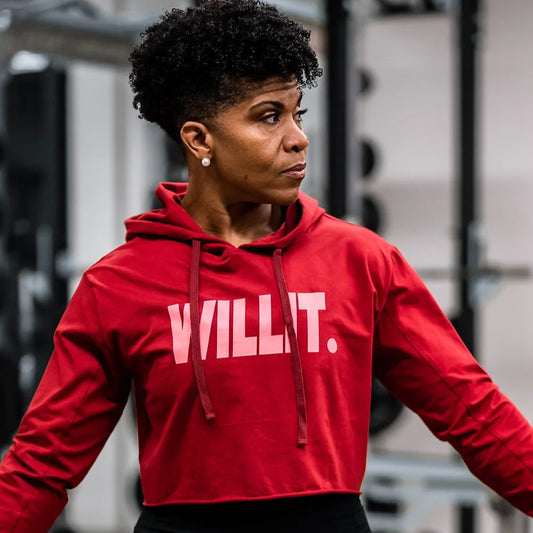 WILLIT. Women's red cropped hoodie. Gym workout apparel.