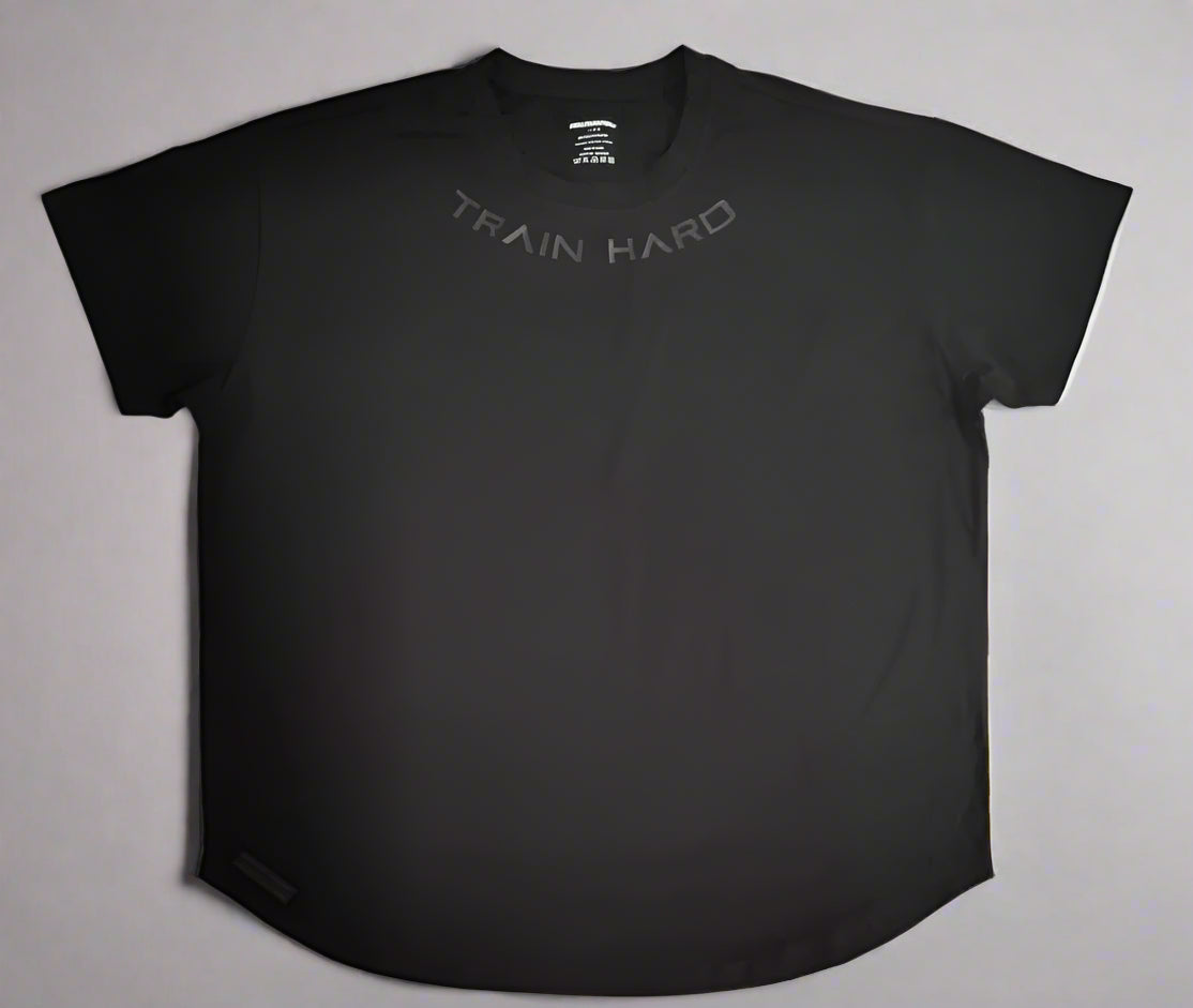 Black 'Train Hard' T-shirt. Athletic wear for workouts and training.